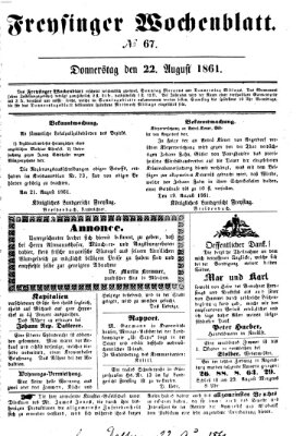 Freisinger Wochenblatt Donnerstag 22. August 1861