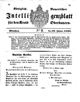 Intelligenzblatt der Königlich Bayerischen Regierung von Oberbayern (Münchner Intelligenzblatt) Freitag 12. Januar 1838