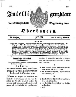 Intelligenzblatt der Königlich Bayerischen Regierung von Oberbayern (Münchner Intelligenzblatt) Freitag 2. März 1838