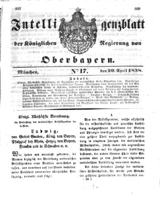 Intelligenzblatt der Königlich Bayerischen Regierung von Oberbayern (Münchner Intelligenzblatt) Freitag 20. April 1838