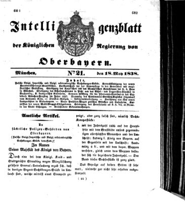 Intelligenzblatt der Königlich Bayerischen Regierung von Oberbayern (Münchner Intelligenzblatt) Freitag 18. Mai 1838