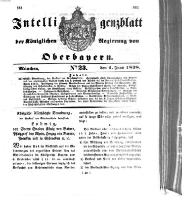 Intelligenzblatt der Königlich Bayerischen Regierung von Oberbayern (Münchner Intelligenzblatt) Freitag 1. Juni 1838