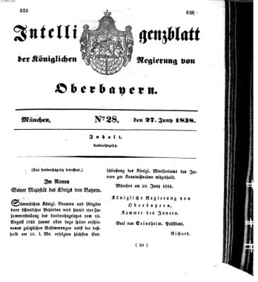 Intelligenzblatt der Königlich Bayerischen Regierung von Oberbayern (Münchner Intelligenzblatt) Mittwoch 27. Juni 1838