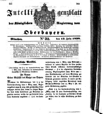 Intelligenzblatt der Königlich Bayerischen Regierung von Oberbayern (Münchner Intelligenzblatt) Freitag 13. Juli 1838