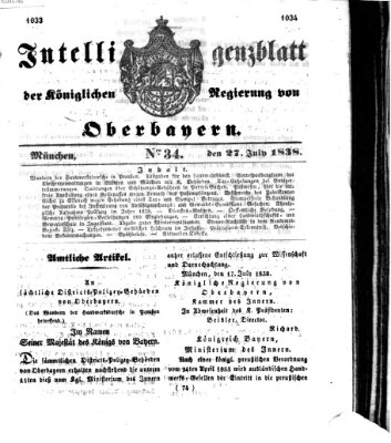 Intelligenzblatt der Königlich Bayerischen Regierung von Oberbayern (Münchner Intelligenzblatt) Freitag 27. Juli 1838