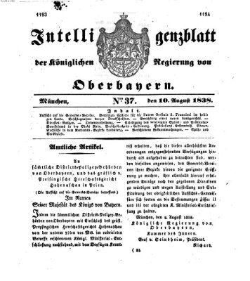 Intelligenzblatt der Königlich Bayerischen Regierung von Oberbayern (Münchner Intelligenzblatt) Freitag 10. August 1838