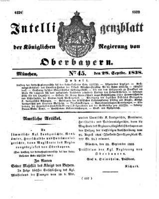 Intelligenzblatt der Königlich Bayerischen Regierung von Oberbayern (Münchner Intelligenzblatt) Freitag 28. September 1838