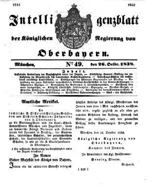 Intelligenzblatt der Königlich Bayerischen Regierung von Oberbayern (Münchner Intelligenzblatt) Freitag 26. Oktober 1838