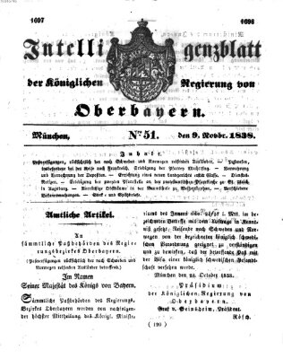 Intelligenzblatt der Königlich Bayerischen Regierung von Oberbayern (Münchner Intelligenzblatt) Freitag 9. November 1838