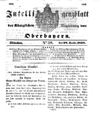 Intelligenzblatt der Königlich Bayerischen Regierung von Oberbayern (Münchner Intelligenzblatt) Freitag 28. Dezember 1838