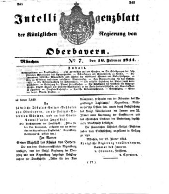 Intelligenzblatt der Königlichen Regierung von Oberbayern (Münchner Intelligenzblatt) Freitag 16. Februar 1844