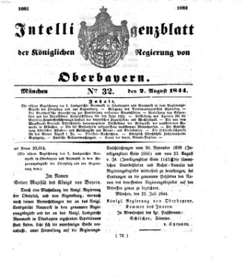 Intelligenzblatt der Königlichen Regierung von Oberbayern (Münchner Intelligenzblatt) Freitag 2. August 1844