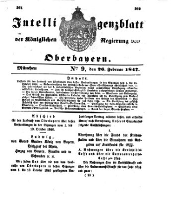 Intelligenzblatt der Königlichen Regierung von Oberbayern (Münchner Intelligenzblatt) Freitag 26. Februar 1847