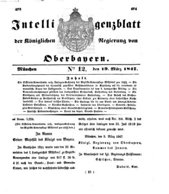 Intelligenzblatt der Königlichen Regierung von Oberbayern (Münchner Intelligenzblatt) Freitag 19. März 1847