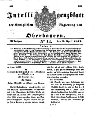 Intelligenzblatt der Königlichen Regierung von Oberbayern (Münchner Intelligenzblatt) Freitag 2. April 1847