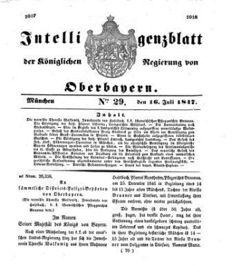 Intelligenzblatt der Königlichen Regierung von Oberbayern (Münchner Intelligenzblatt) Freitag 16. Juli 1847