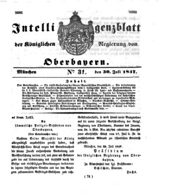 Intelligenzblatt der Königlichen Regierung von Oberbayern (Münchner Intelligenzblatt) Freitag 30. Juli 1847