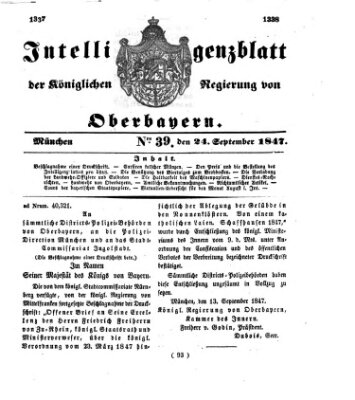 Intelligenzblatt der Königlichen Regierung von Oberbayern (Münchner Intelligenzblatt) Freitag 24. September 1847