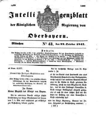 Intelligenzblatt der Königlichen Regierung von Oberbayern (Münchner Intelligenzblatt) Freitag 22. Oktober 1847