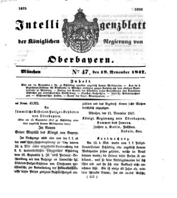 Intelligenzblatt der Königlichen Regierung von Oberbayern (Münchner Intelligenzblatt) Freitag 19. November 1847