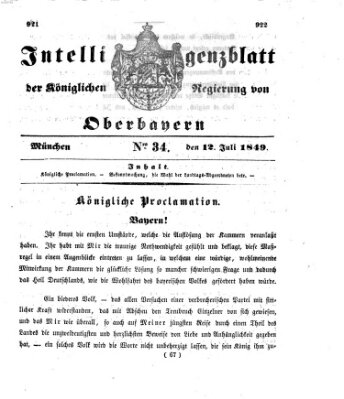 Intelligenzblatt der Königlichen Regierung von Oberbayern (Münchner Intelligenzblatt) Donnerstag 12. Juli 1849