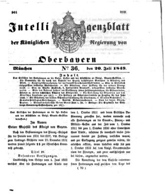 Intelligenzblatt der Königlichen Regierung von Oberbayern (Münchner Intelligenzblatt) Freitag 20. Juli 1849