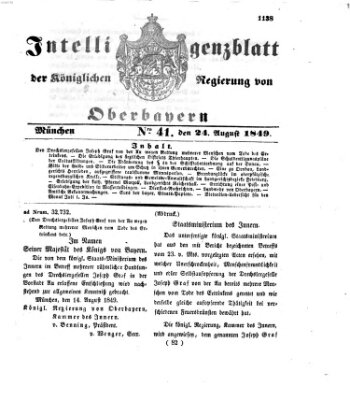 Intelligenzblatt der Königlichen Regierung von Oberbayern (Münchner Intelligenzblatt) Freitag 24. August 1849