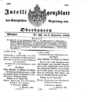 Intelligenzblatt der Königlichen Regierung von Oberbayern (Münchner Intelligenzblatt) Freitag 7. September 1849