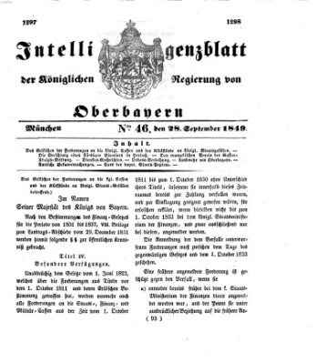 Intelligenzblatt der Königlichen Regierung von Oberbayern (Münchner Intelligenzblatt) Freitag 28. September 1849