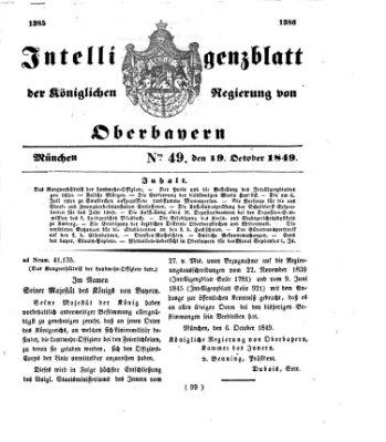 Intelligenzblatt der Königlichen Regierung von Oberbayern (Münchner Intelligenzblatt) Freitag 19. Oktober 1849