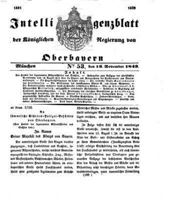 Intelligenzblatt der Königlichen Regierung von Oberbayern (Münchner Intelligenzblatt) Freitag 16. November 1849