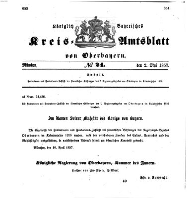 Königlich-bayerisches Kreis-Amtsblatt von Oberbayern (Münchner Intelligenzblatt) Samstag 2. Mai 1857