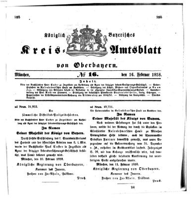 Königlich-bayerisches Kreis-Amtsblatt von Oberbayern (Münchner Intelligenzblatt) Dienstag 16. Februar 1858