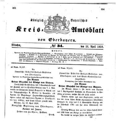 Königlich-bayerisches Kreis-Amtsblatt von Oberbayern (Münchner Intelligenzblatt) Freitag 16. April 1858