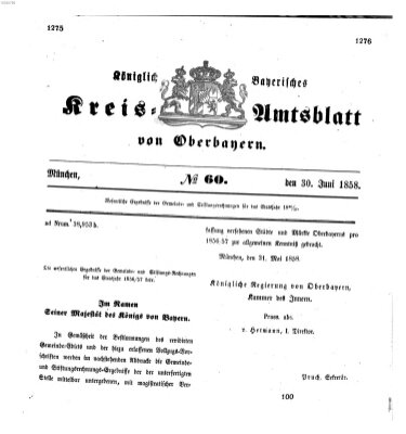 Königlich-bayerisches Kreis-Amtsblatt von Oberbayern (Münchner Intelligenzblatt) Mittwoch 30. Juni 1858