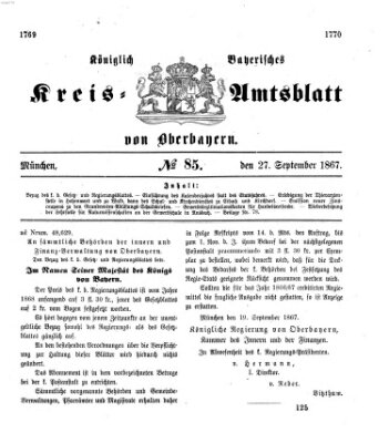 Königlich-bayerisches Kreis-Amtsblatt von Oberbayern (Münchner Intelligenzblatt) Freitag 27. September 1867