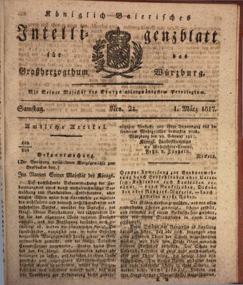 Königlich-baierisches Intelligenzblatt für das Großherzogthum Würzburg (Würzburger Intelligenzblatt) Samstag 1. März 1817