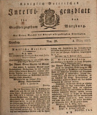 Königlich-baierisches Intelligenzblatt für das Großherzogthum Würzburg (Würzburger Intelligenzblatt) Dienstag 4. März 1817