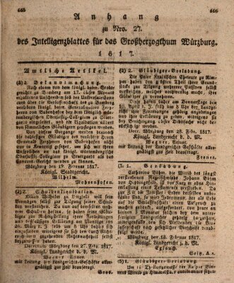 Königlich-baierisches Intelligenzblatt für das Großherzogthum Würzburg (Würzburger Intelligenzblatt) Samstag 8. März 1817