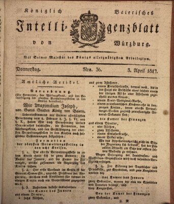 Königlich-baierisches Intelligenzblatt für das Großherzogthum Würzburg (Würzburger Intelligenzblatt) Donnerstag 3. April 1817