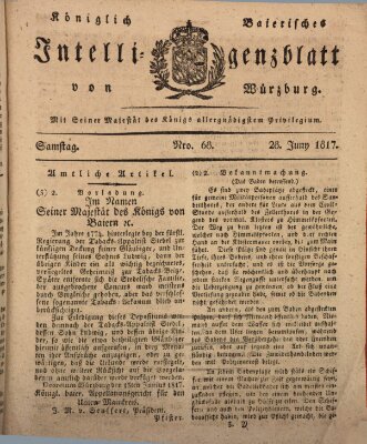 Königlich-baierisches Intelligenzblatt für das Großherzogthum Würzburg (Würzburger Intelligenzblatt) Samstag 28. Juni 1817