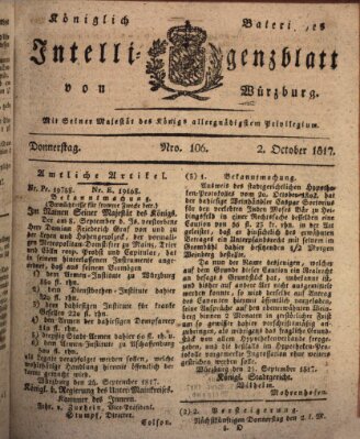 Königlich-baierisches Intelligenzblatt für das Großherzogthum Würzburg (Würzburger Intelligenzblatt) Donnerstag 2. Oktober 1817