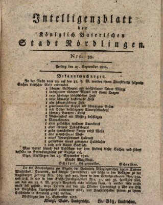 Intelligenzblatt der Königlich Bayerischen Stadt Nördlingen Freitag 27. September 1822