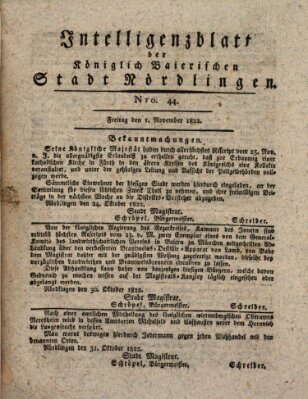 Intelligenzblatt der Königlich Bayerischen Stadt Nördlingen Freitag 1. November 1822