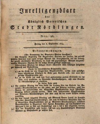 Intelligenzblatt der Königlich Bayerischen Stadt Nördlingen Freitag 3. September 1824