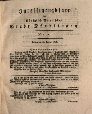 Intelligenzblatt der Königlich Bayerischen Stadt Nördlingen Freitag 18. Februar 1825