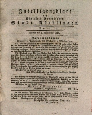 Intelligenzblatt der Königlich Bayerischen Stadt Nördlingen Freitag 1. September 1826