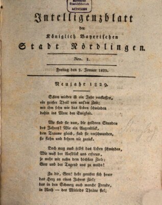 Intelligenzblatt der Königlich Bayerischen Stadt Nördlingen Freitag 2. Januar 1829