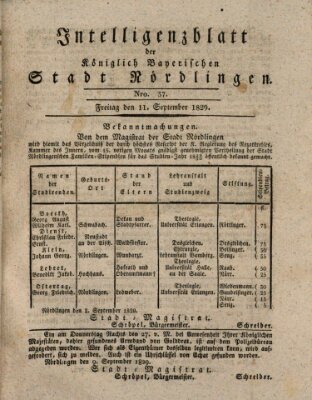 Intelligenzblatt der Königlich Bayerischen Stadt Nördlingen Freitag 11. September 1829