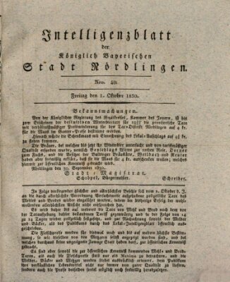 Intelligenzblatt der Königlich Bayerischen Stadt Nördlingen Freitag 1. Oktober 1830